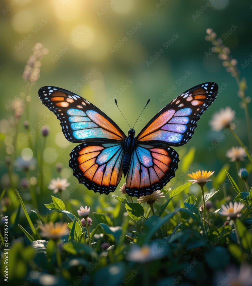 Fototapeta premium A vibrant butterfly with intricate patterns rests delicately atop a cluster of colorful flowers, its wings gently spread, showcasing hues of orange, blue, and black against the lush green backdrop.