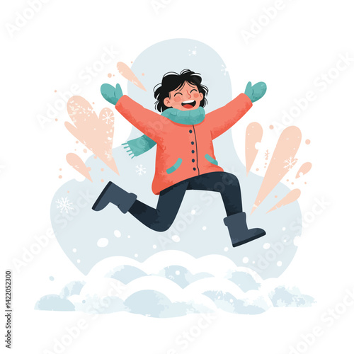 Child jumping joyfully in snow wearing winter coat scarf gloves and boots in cold weather outdoor play 