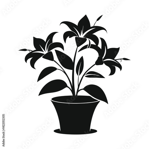 Lily flowers on pot vector silhouette on white background