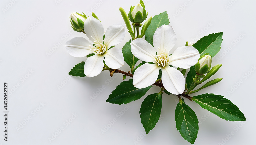 Naklejka premium Delicate White Flowers With Green Leaves And Buds On A White Background