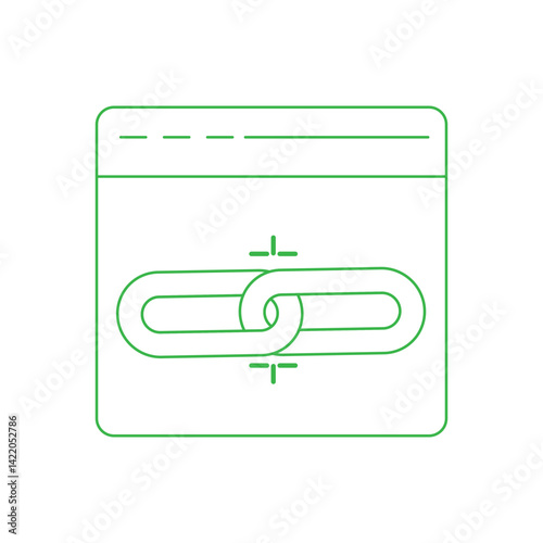 Minimal line art icon of a web browser with a chain link symbol, representing hyperlink, SEO, backlink, or connection. Ideal for digital marketing and tech concepts.