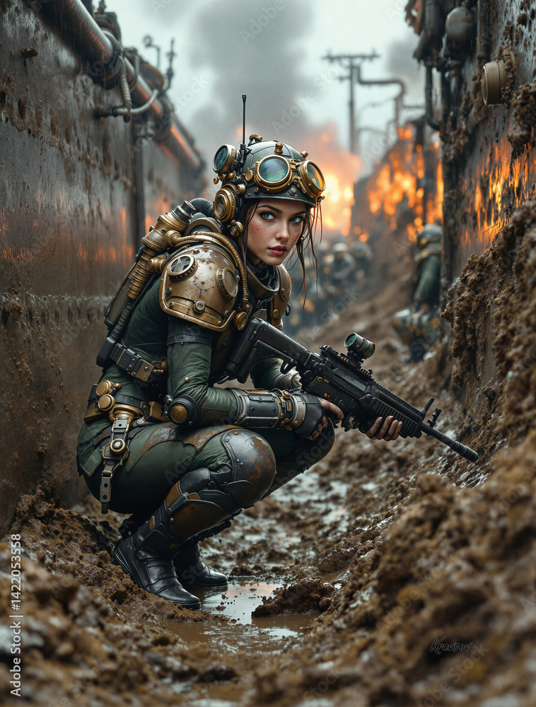 Fototapeta premium A steampunk soldier crouches in a muddy trench, rifle ready, amidst a fiery battlefield.