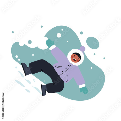 Child sliding joyfully on snow wearing winter coat and gloves in playful outdoor activity