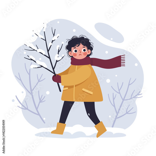 Child dressed in yellow jacket holding snowy branch in winter landscape with bare trees and boots 