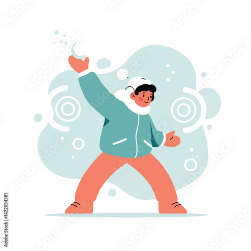 Child throwing snowball in winter clothing outdoors with teal background and orange pants illustration 
