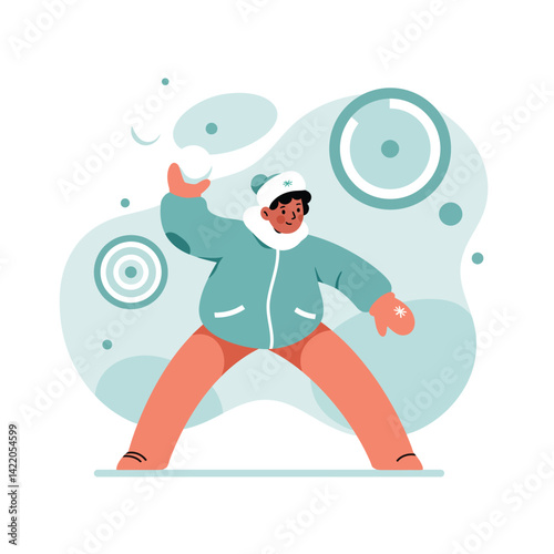 Child playing with snowballs in winter coat and hat with abstract background illustration 