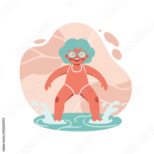 Elderly woman with turquoise hair wearing red swimsuit splashing water in cartoon style cheerful illustration 