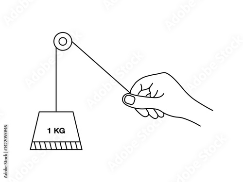 Hand holding fixed pulley symbol line vector illustration isolated on white background. fixed pulley drawing editable stroke.