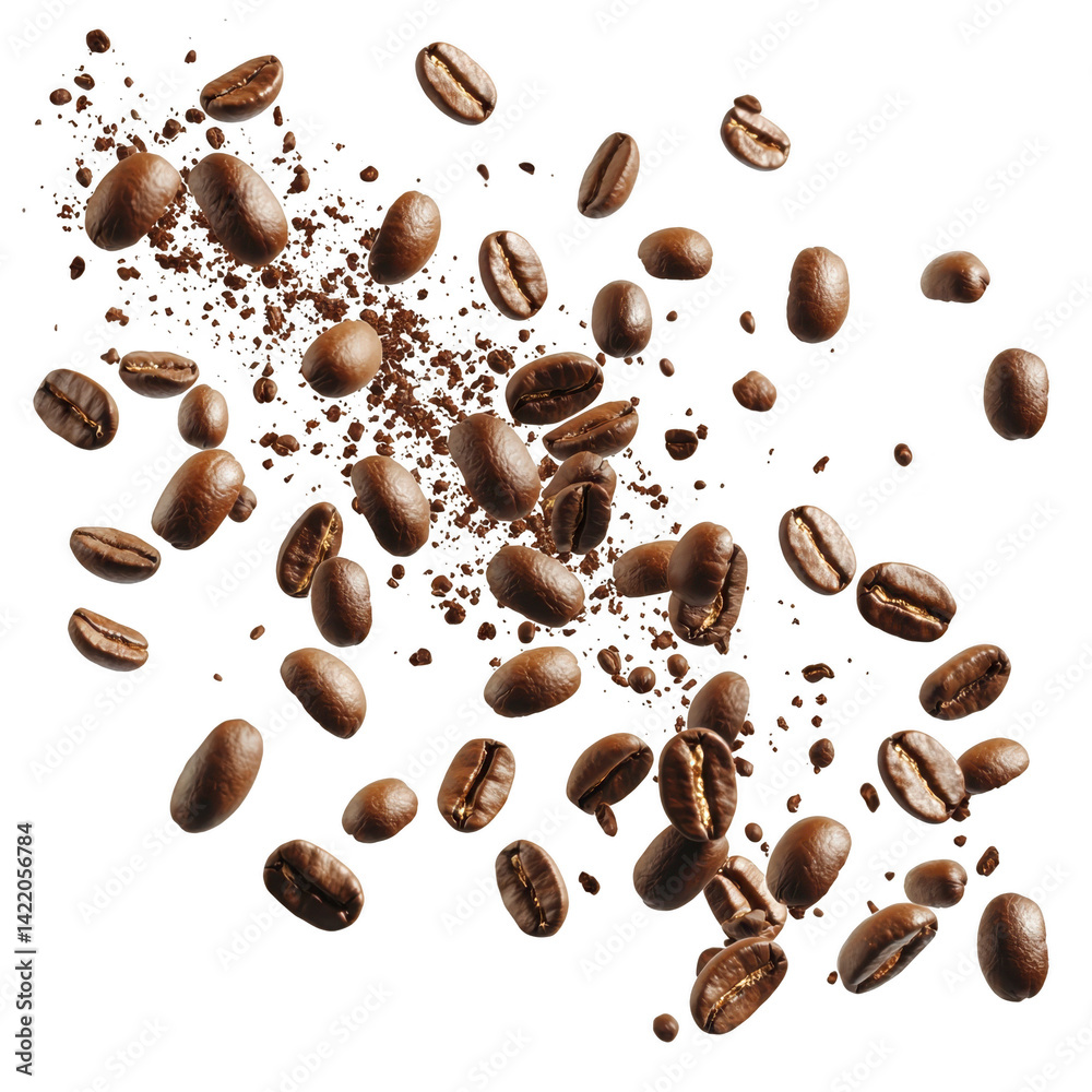 Obraz premium Roasted coffee beans are scattered in mid air, showcasing their rich brown color and texture. dynamic arrangement highlights freshness and aroma of beans