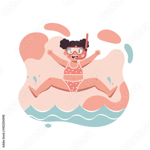 Child wearing snorkeling gear and pink swimsuit jumping into water with splash summer fun activity for kids 