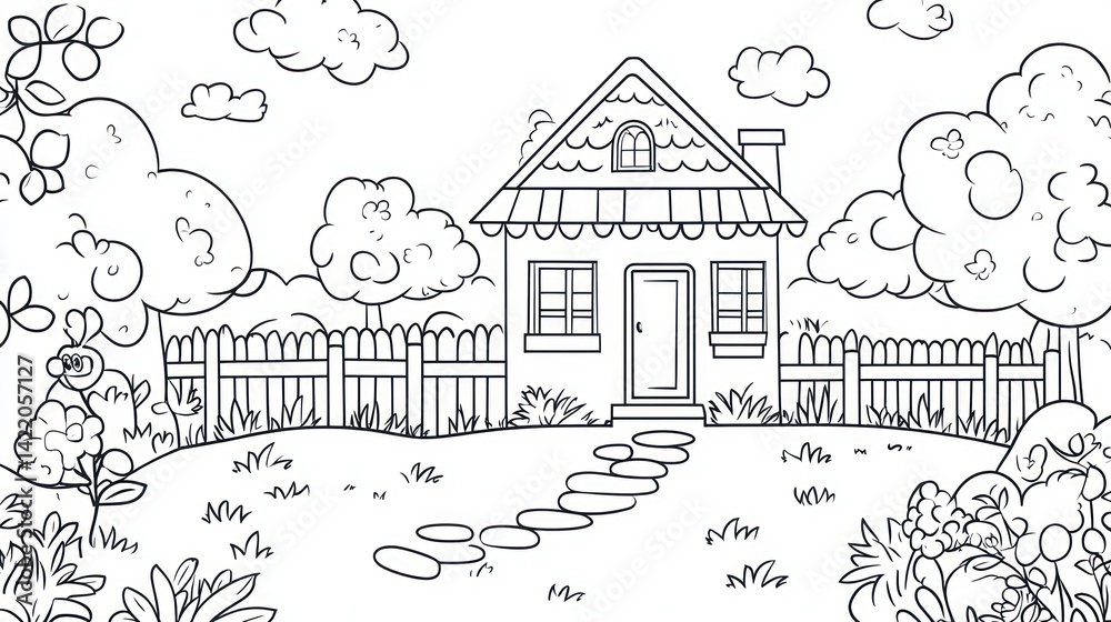 Naklejka premium Black and White Cartoon House in Garden