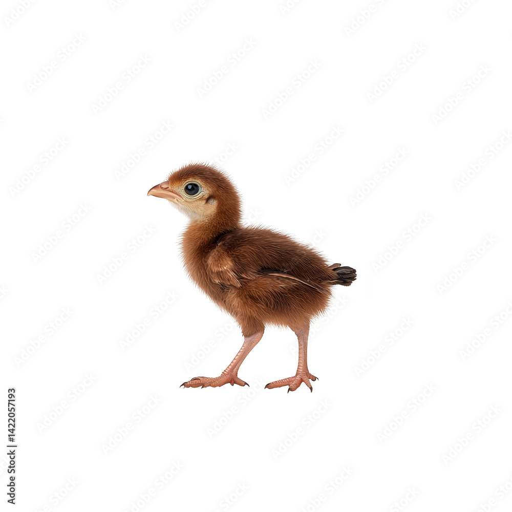 Fototapeta premium fluffy brown chick stands on transparency background, showcasing its delicate features and tiny legs. chick soft feathers and curious expression evoke sense of innocence and new beginnings