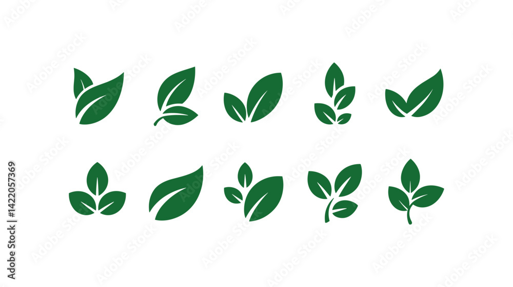 Naklejka premium Green Leaf Icons: A set of stylish green leaf icons, embodying the essence of nature's vitality and the beauty of flora. The vector elements evoke a sense of harmony and sustainable design.