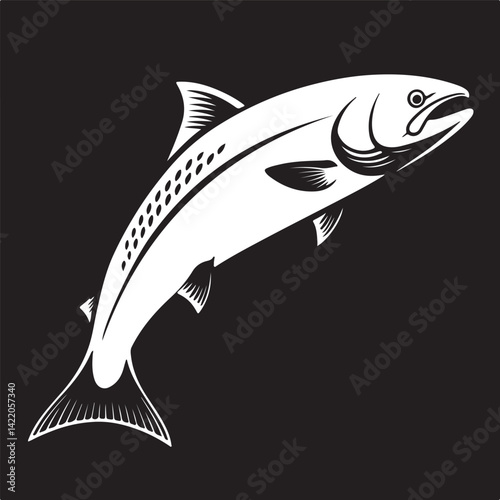 Minimalistic Atlantic Salmon Vector on White Background and Salmon Ocean and River Fish Line Icon Set