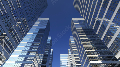 A uprisen angle view of group of skyscraper with white clouds and clear blue sky on background and reflecting on facade, represent feeling of urban, business, and technology. 3D illustration.