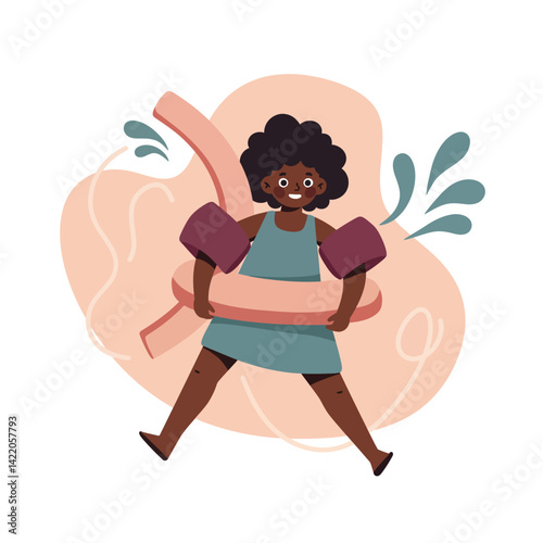 Young girl swimming with arm floaties and playful water splashes in fun summer activity illustration 