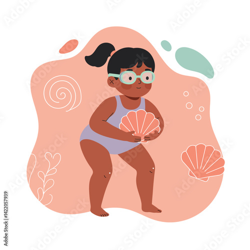 Child playing with seashells on beach summer day in colorful swimwear and glasses cheerful scene 