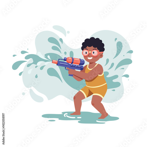 Child playing with water gun in summer splashing water and having fun outdoors 