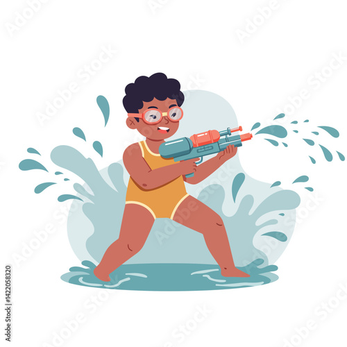 Boy in yellow swimsuit playing with water gun splashing water in playful summer fun activity 