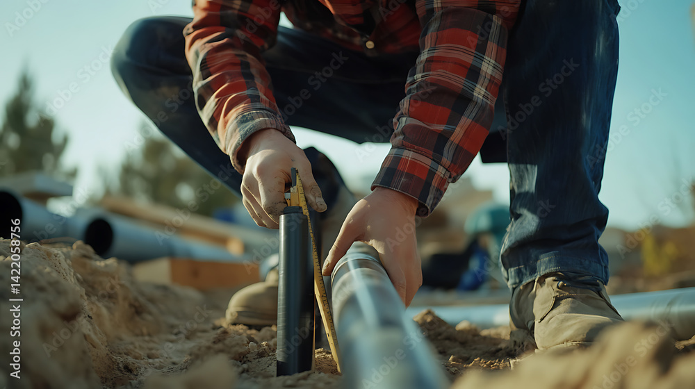Construction Worker Installing Underground Pipes