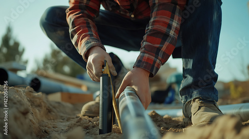 Obraz na płótnie Construction Worker Installing Underground Pipes w salonie