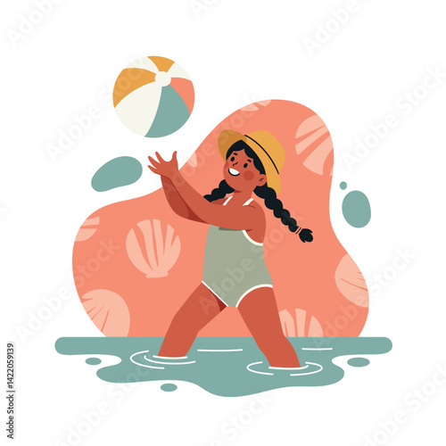 Girl in hat playing with colorful beach ball in water during summer leisure activity outdoors 