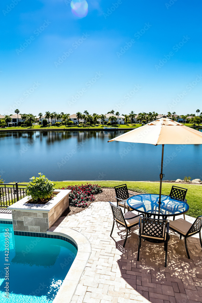 Fototapeta premium glass-top patio table with metal chairs sits under a beige umbrella overlooking a tranquil lake and pool.