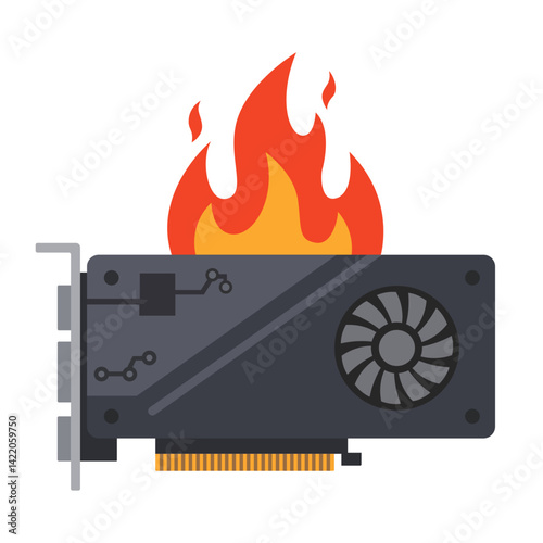 Overheated GPU Graphics Card with Flames - Vector Illustration of Hardware Failure