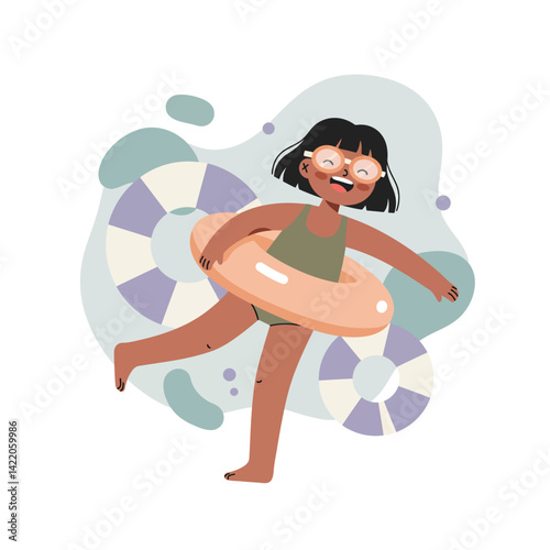 Girl playing with inflatable swim ring in summer water fun activity with joyful expression