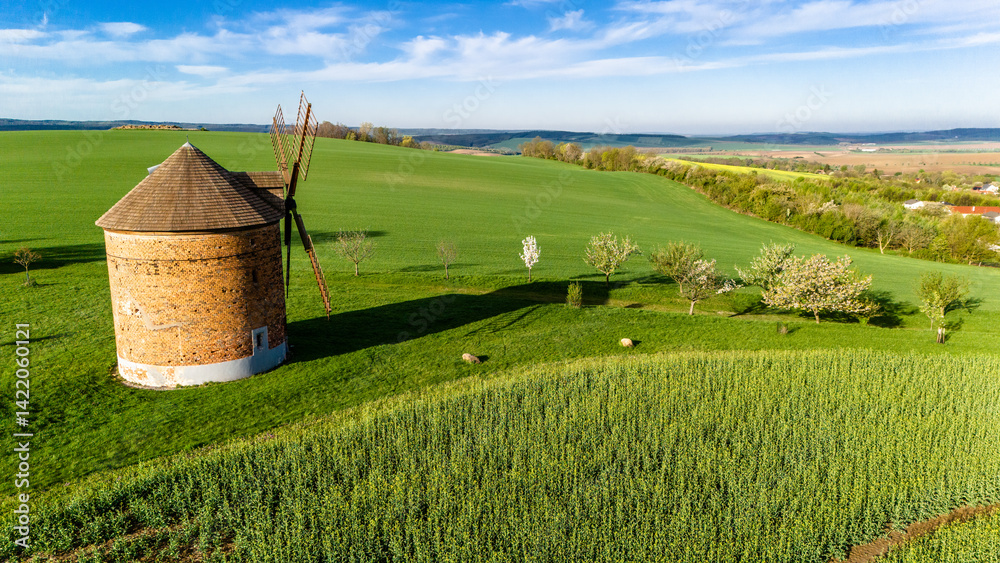 chvalkovice windmill in spring landscape captured by drone..