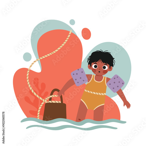 Child wearing yellow swimsuit and purple arm floaties learning to swim in water with lifebuoy and playful background shapes