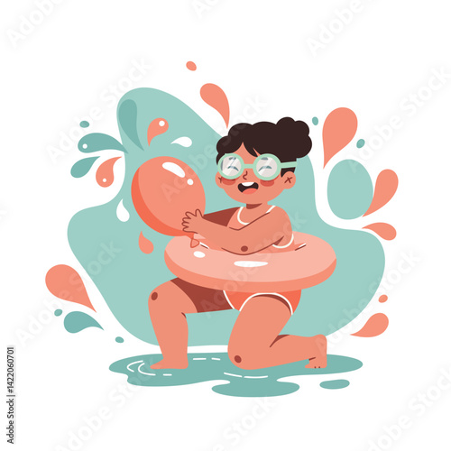 Child playing in water with inflatable ring and glasses summer fun splash illustration 