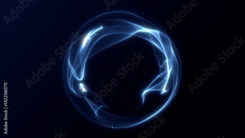 Flowing blue light sphere in digital space ,abstract glowing wave circle with particles and energy motion, 3D tech animation for sci-fi ,network, or futuristic backgrounds and visual effects