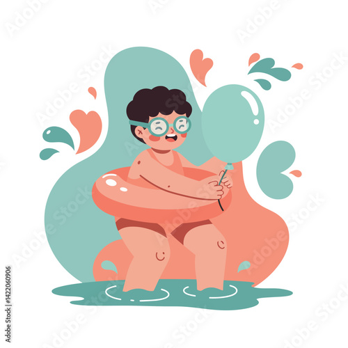 Little boy playing with balloon and inflatable ring in water with colorful background illustration 
