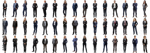 Many business people set on isolated background, formal attire wear, full body length, networking mixed different diversed businesspeople, happy male and female, successful career, crisp edges style