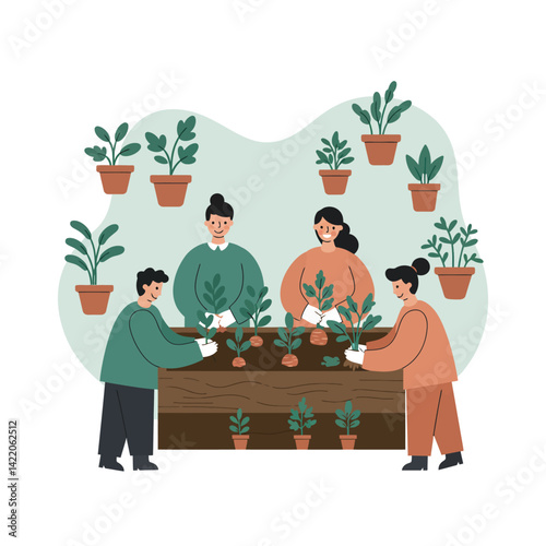 Group of people planting and caring for green plants in pots and raised garden bed indoors with green background 