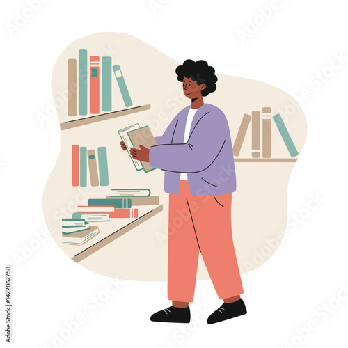 Young person choosing books from library shelves in casual clothing digital illustration 