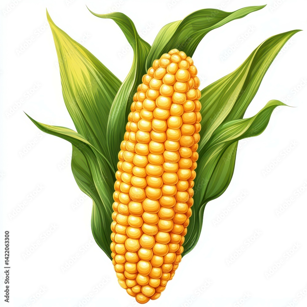 Obraz premium Fresh, ripe corn on the cob surrounded by green leaves in a farm setting during summer