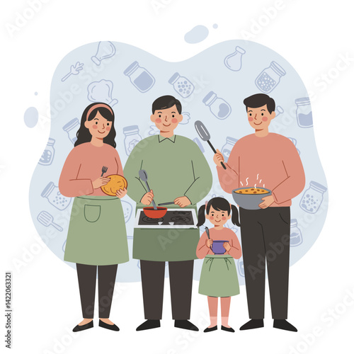 Family cooking together in kitchen preparing food with child holding bowl and parents stirring dishes 