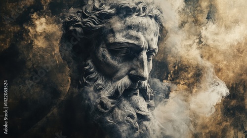 Ancient Greek Statue  Mystical Smoke  Marble Bust  Dramatic Art photo