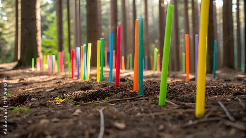 Fototapeta premium Colorful Plastic Tubes Installed in Forest Ground, Surreal Contrast Between Bright Colors and Nature’s Calm Environment