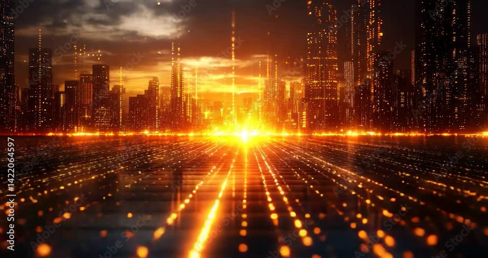 Futuristic cityscape sunset glow