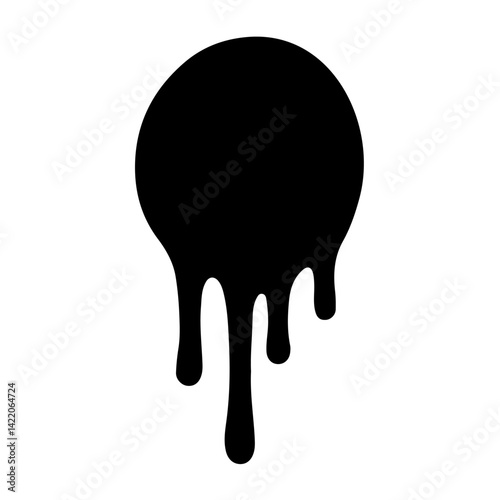Silhouette of a black circular shape with dripping paint effect on a clean white background, ideal for grunge or horror themes. Dripping black oil stain. Vector illustration