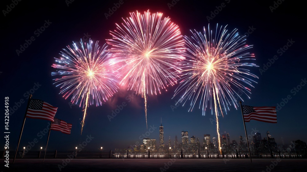 Fourth of July Fireworks with American Flags over City Skyline Fourth of July Fireworks with American Flags over City Skyline