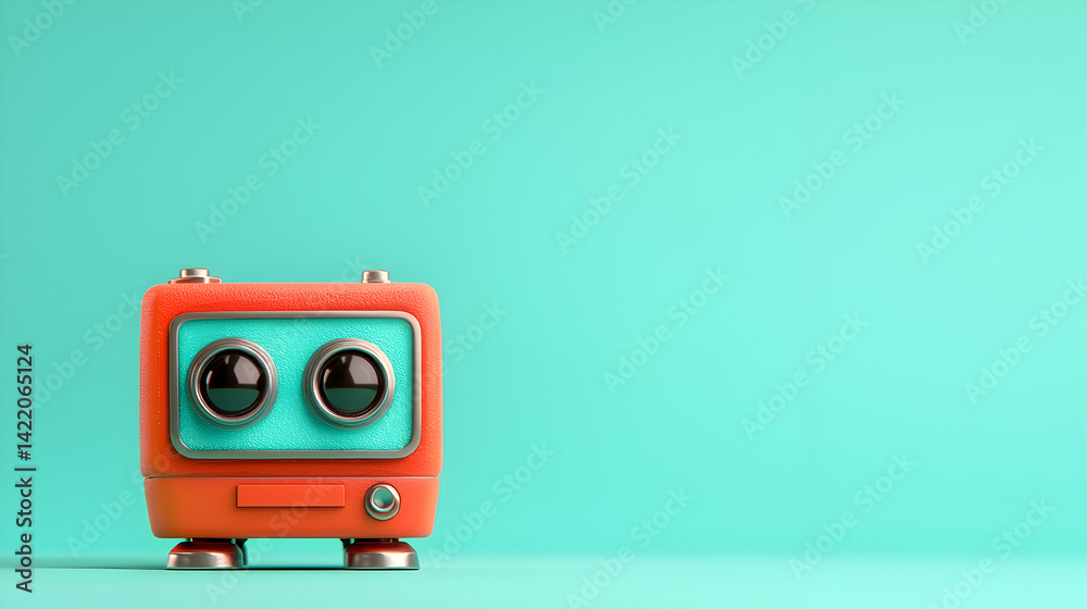 Fototapeta premium Cute Orange and Turquoise Robot on Teal Background