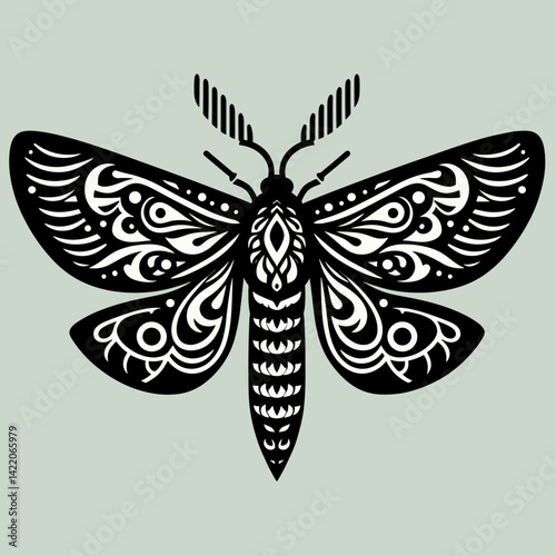 Stylized black and white moth illustration representing nature and intricate design