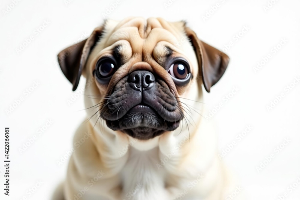 Charming pug looking directly at camera, isolated on pure white backdrop, white background, wrinkly, pet Charming pug looking directly at camera, isolated on pure white backdrop, white background, wrinkly, pet