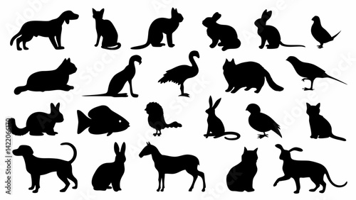 Silhouettes of Domestic and Farm Animals – Vector Set of Pet and Bird Icons