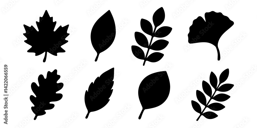 Set of black leaf silhouettes in different botanical shapes, ideal for nature designs, eco themes, and seasonal illustrations. Vector illustration