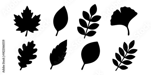 Set of black leaf silhouettes in different botanical shapes, ideal for nature designs, eco themes, and seasonal illustrations. Vector illustration photo
